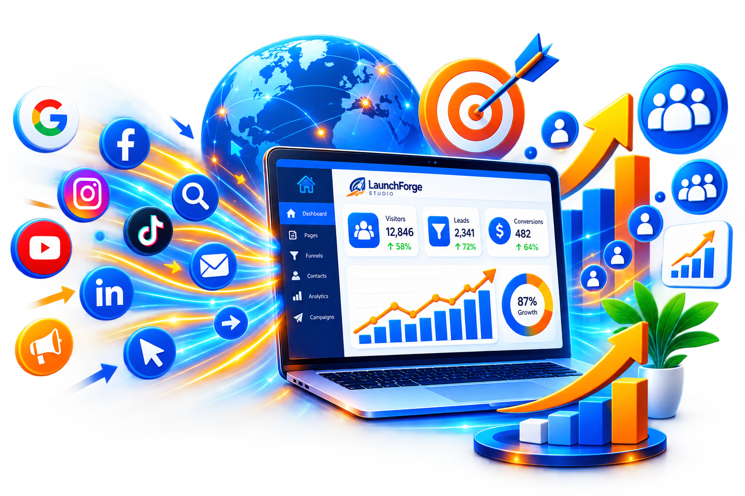 Traffic & Growth Marketing System – LaunchForge Studio Traffic and growth marketing system showing website analytics, audience growth, social media traffic, lead generation, and increasing conversions.