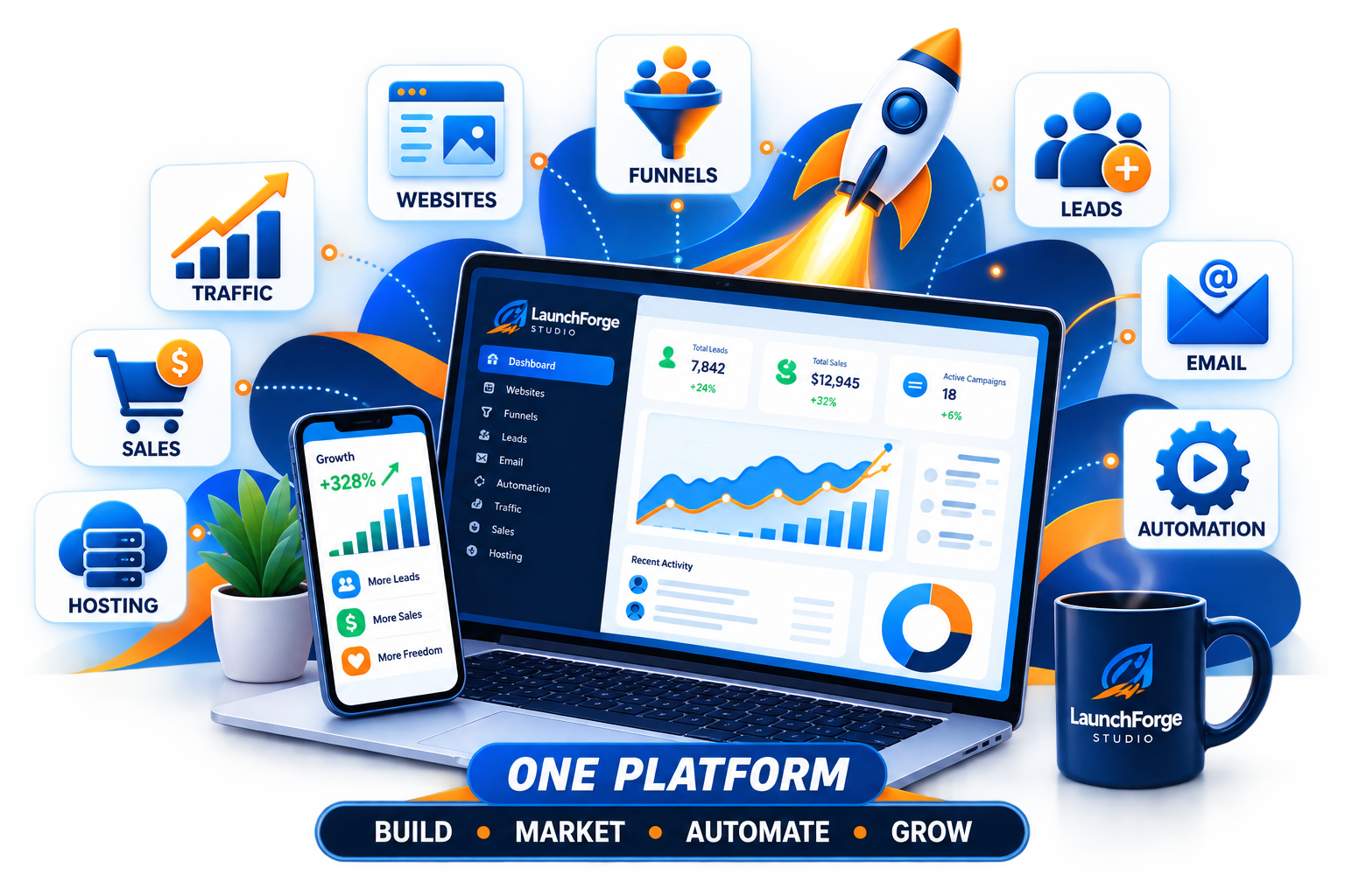 LaunchForge Studio All-In-One Digital Business Platform LaunchForge Studio digital business platform featuring websites, funnels, lead generation, email marketing, automation, traffic, sales and hosting tools.