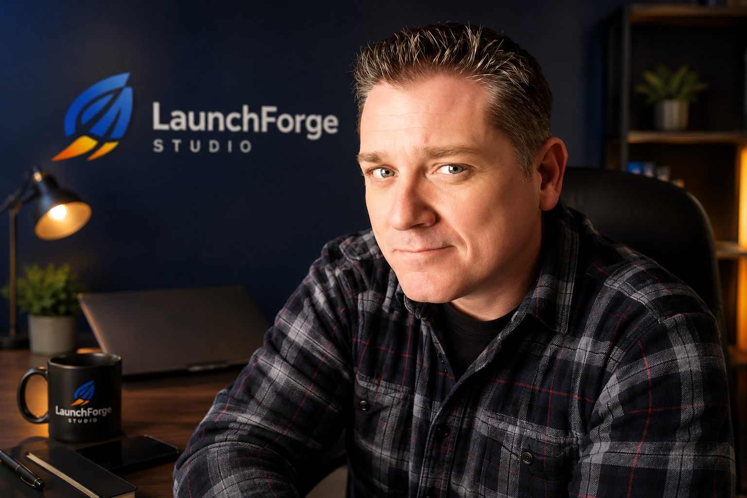 Jon Harte – Founder of LaunchForge Studio Jon Harte, founder of LaunchForge Studio, in a professional digital workspace