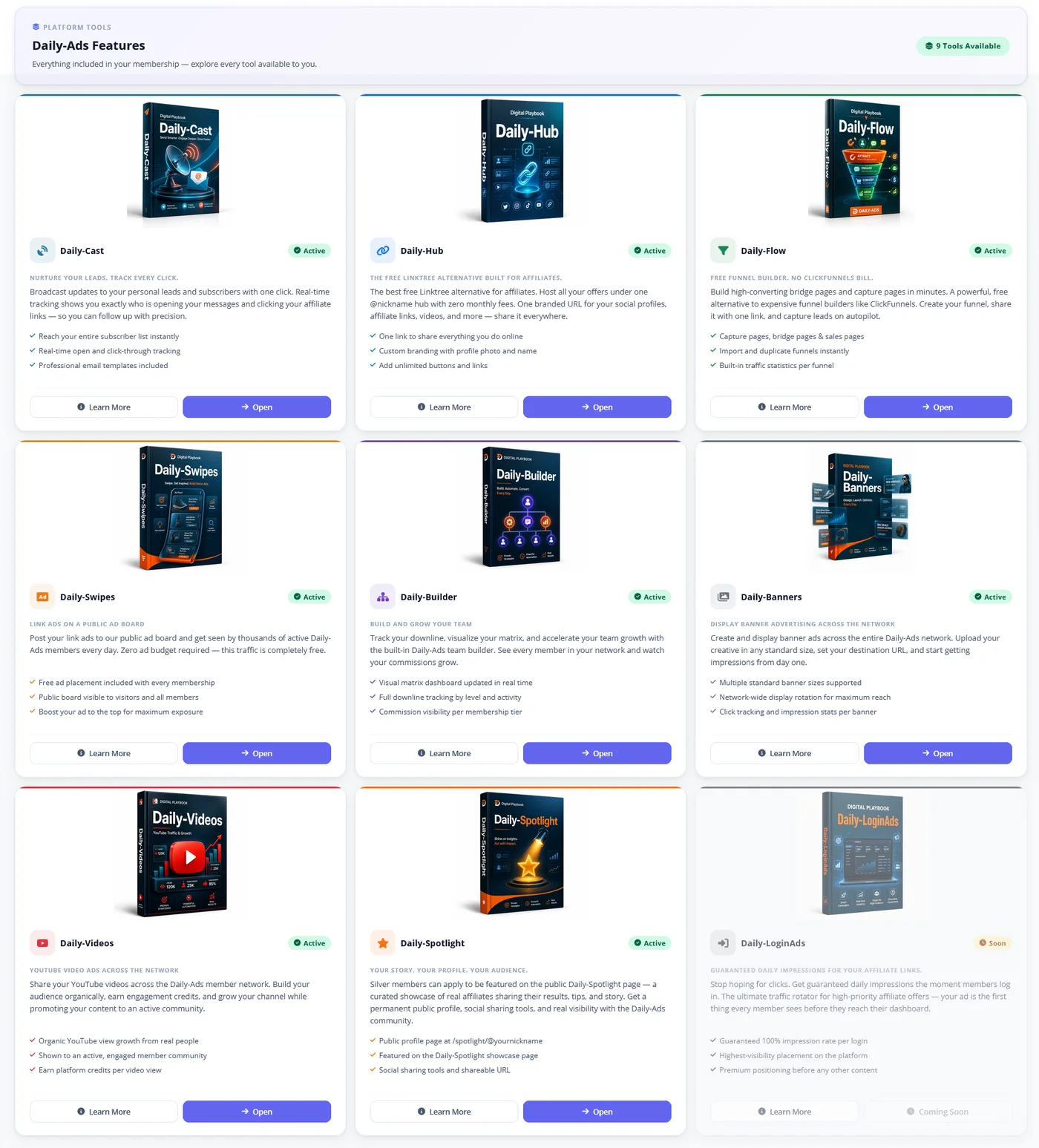 Daily-Ads advertising and marketing tools dashboard showing nine platform features