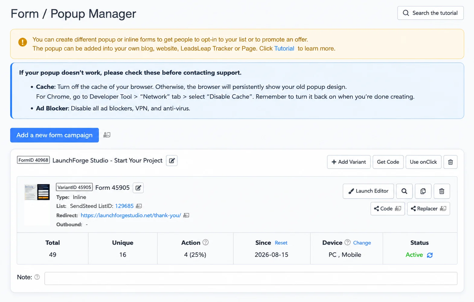 LeadsLeap Form and Popup Manager for creating opt-in forms