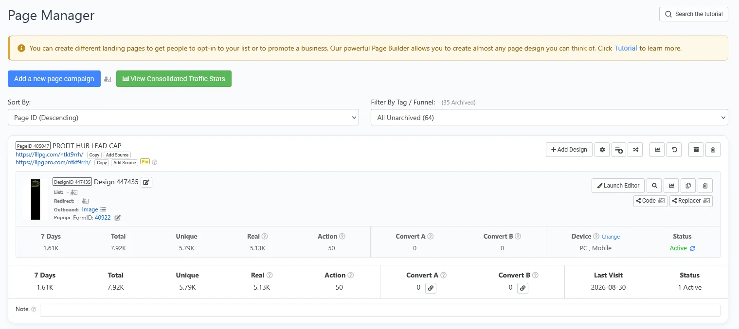 LeadsLeap Page Manager and landing page builder dashboard