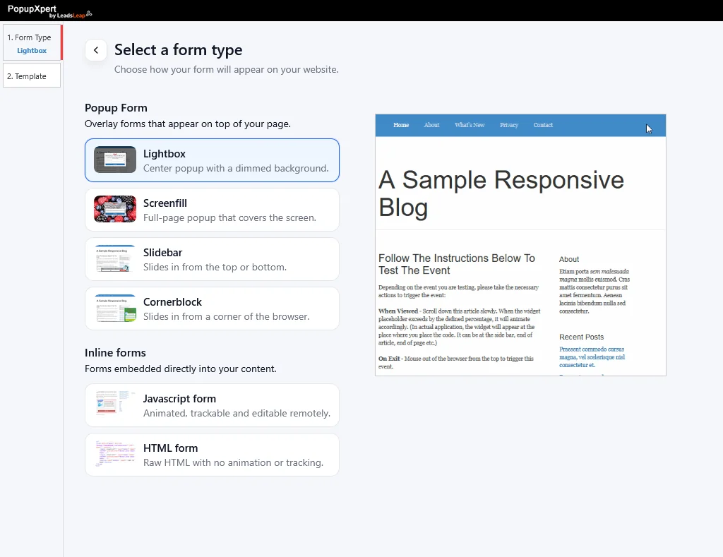LeadsLeap PopupXpert website popup builder showing popup and inline form types