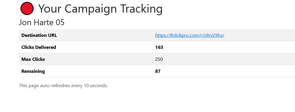 Mr X Premium Traffic campaign tracking showing clicks delivered and remaining