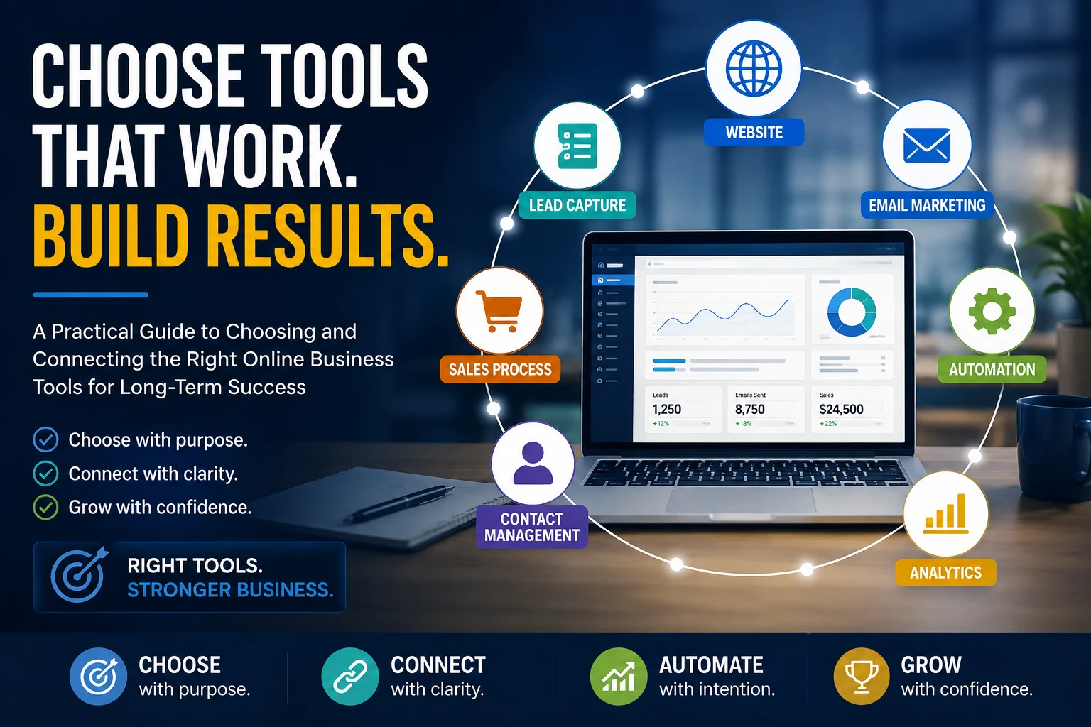 Online business tools connected for website, lead capture, email marketing, automation, analytics, contact management, and sales