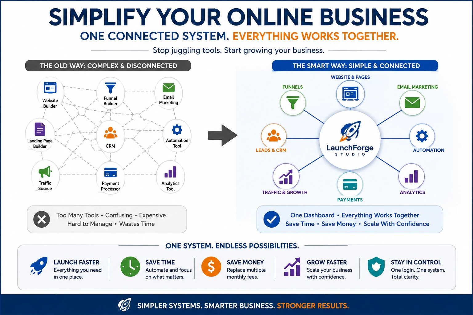 Connected online business system replacing multiple disconnected tools with one simplified workflow
