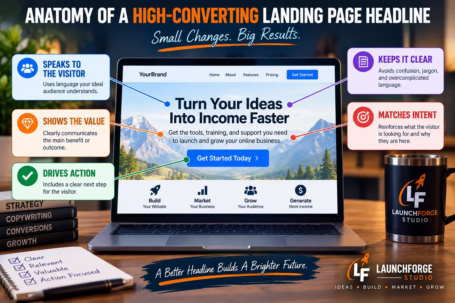Anatomy of a high converting landing page headline showing value, clarity, intent, and action