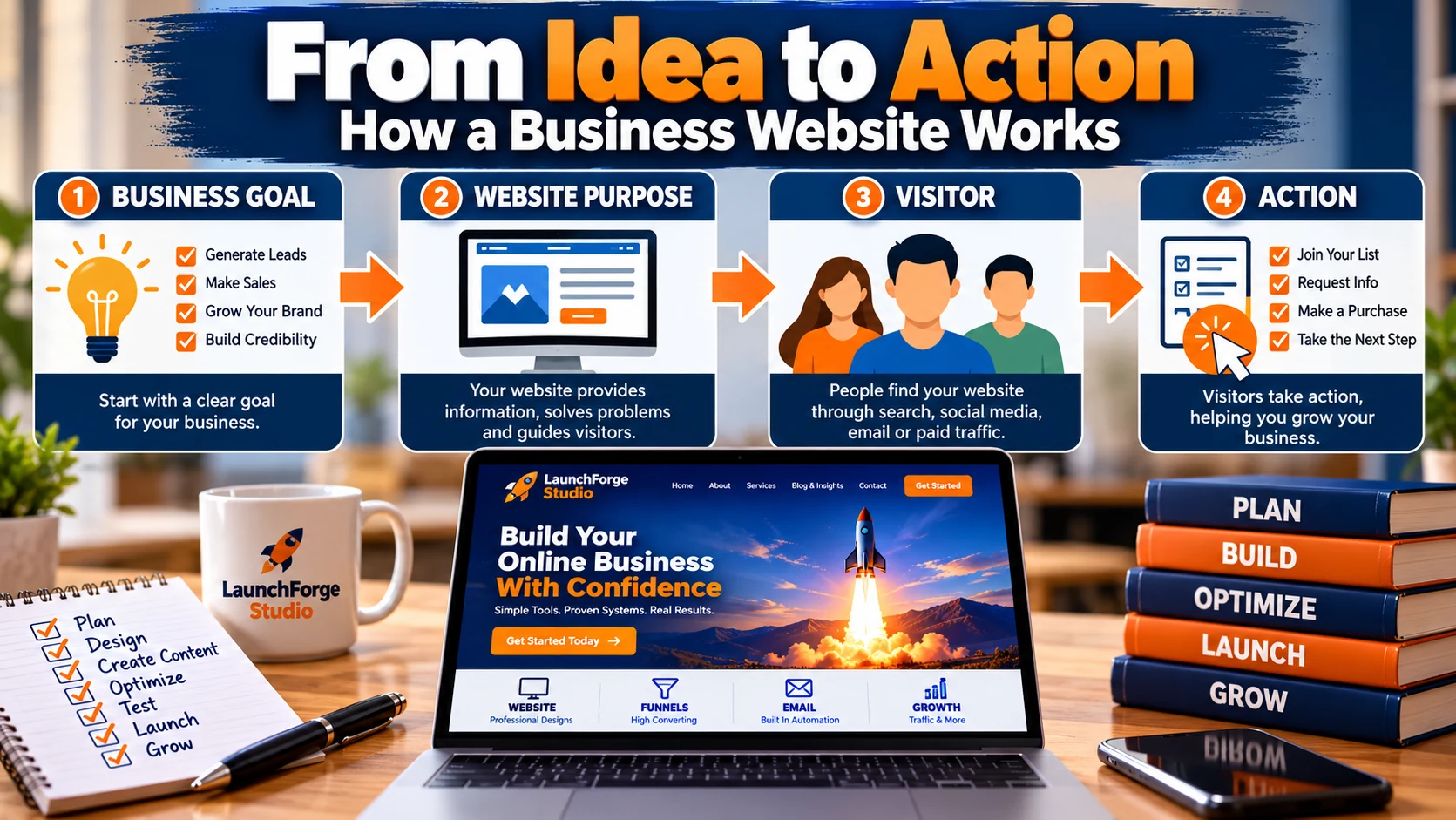 Business goal, website purpose, visitor, and action process for building a business website