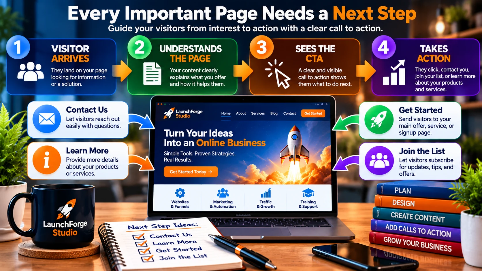 Business website visitor journey from arriving on a page to seeing a clear call to action and taking the next step