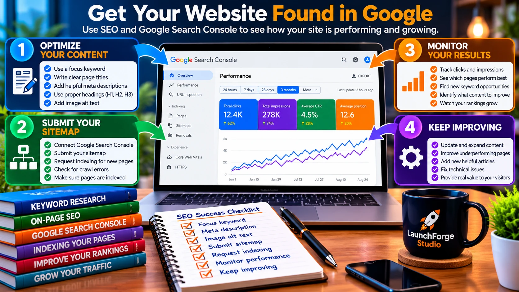 Business website SEO and Google Search Console process for optimizing content, indexing pages, monitoring results, and improving the site