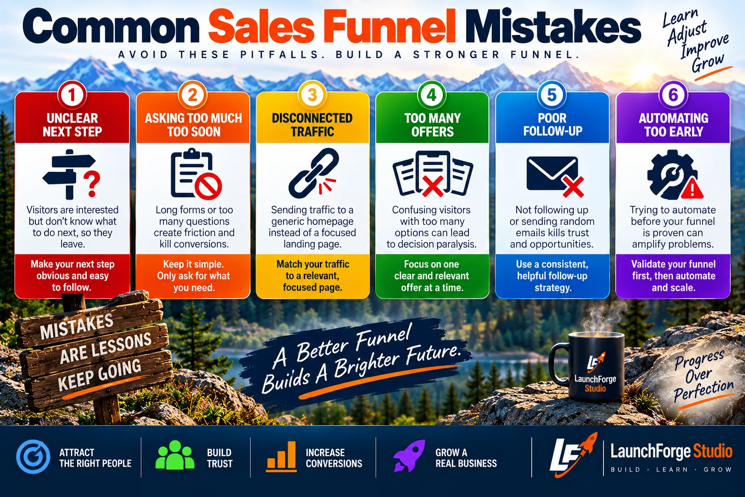 Common sales funnel mistakes including unclear next steps, disconnected traffic, too many offers, poor follow-up, and premature automation
