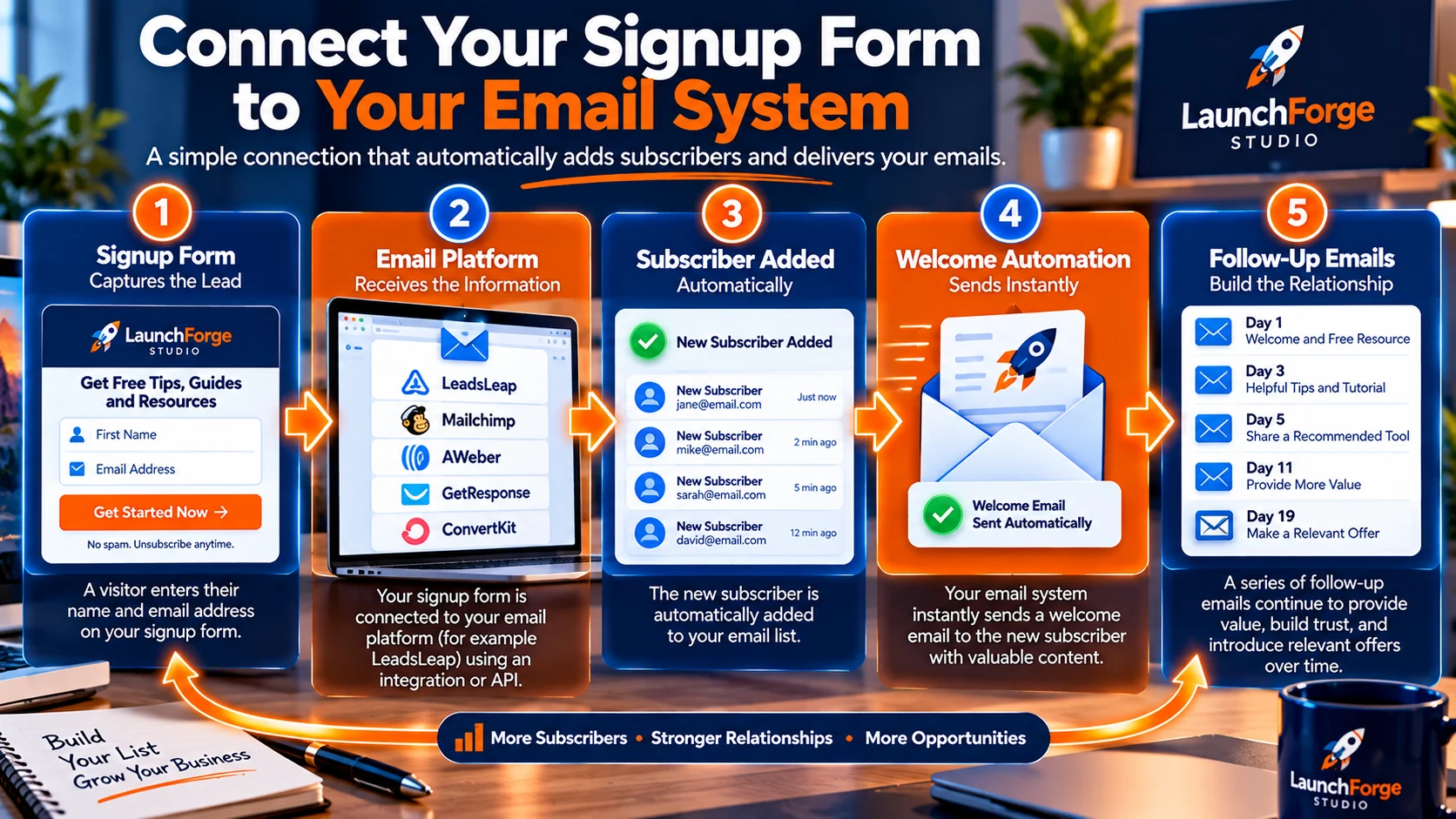 Signup form connected to an email marketing system with automated welcome and follow-up emails