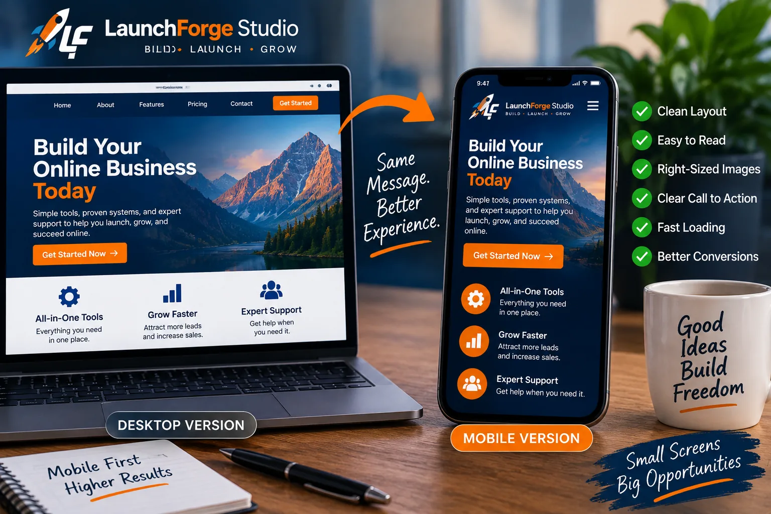Desktop and mobile versions of a mobile friendly landing page