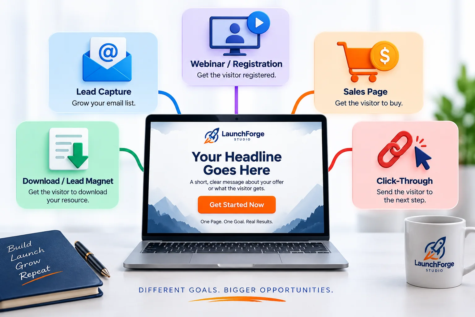 Different types of landing pages including lead capture, webinar registration, sales, download, and click-through pages