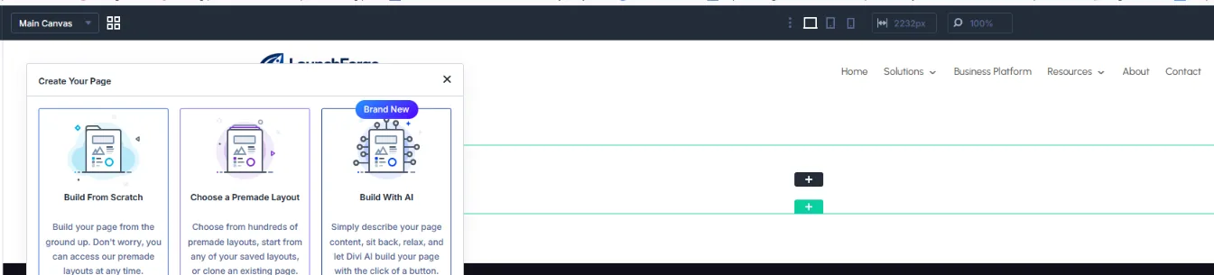 Divi 5 Build From Scratch option for creating a landing page in WordPress