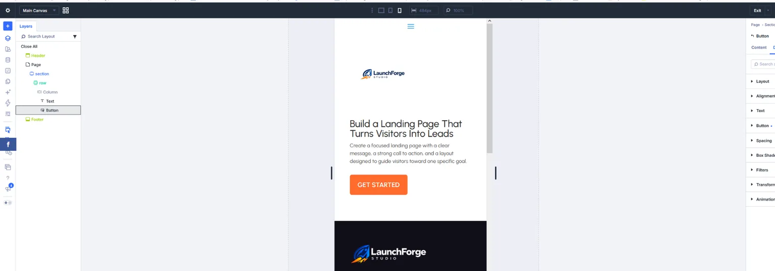 Divi 5 mobile responsive preview of a landing page in WordPress