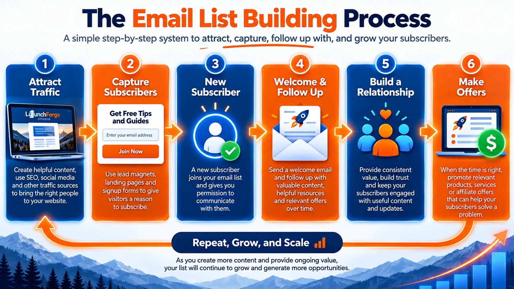 Email list building process from traffic and subscriber capture through follow-up, relationships, and offers