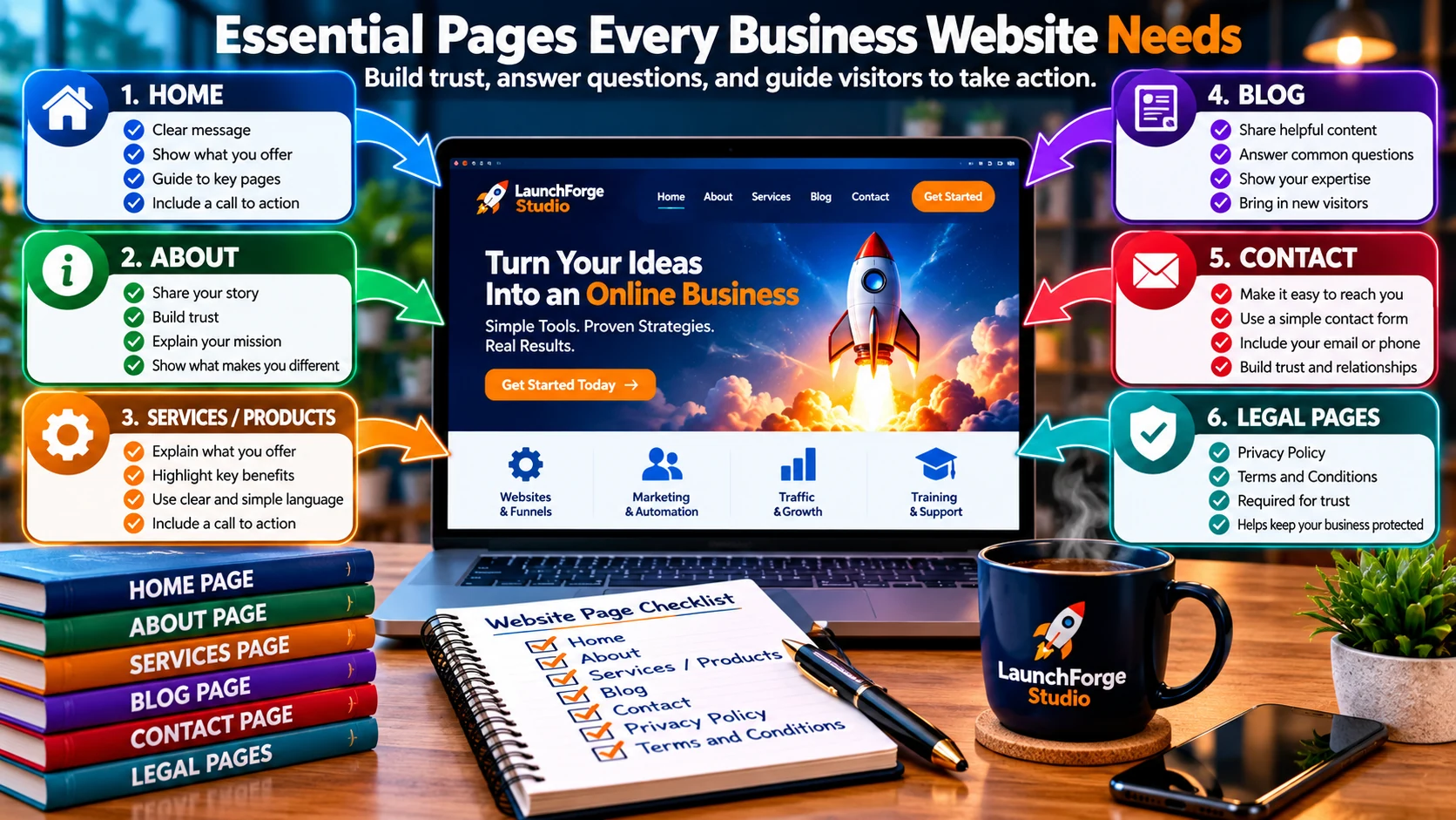 Essential pages for a WordPress business website including Home, About, Services, Blog, Contact, and legal pages