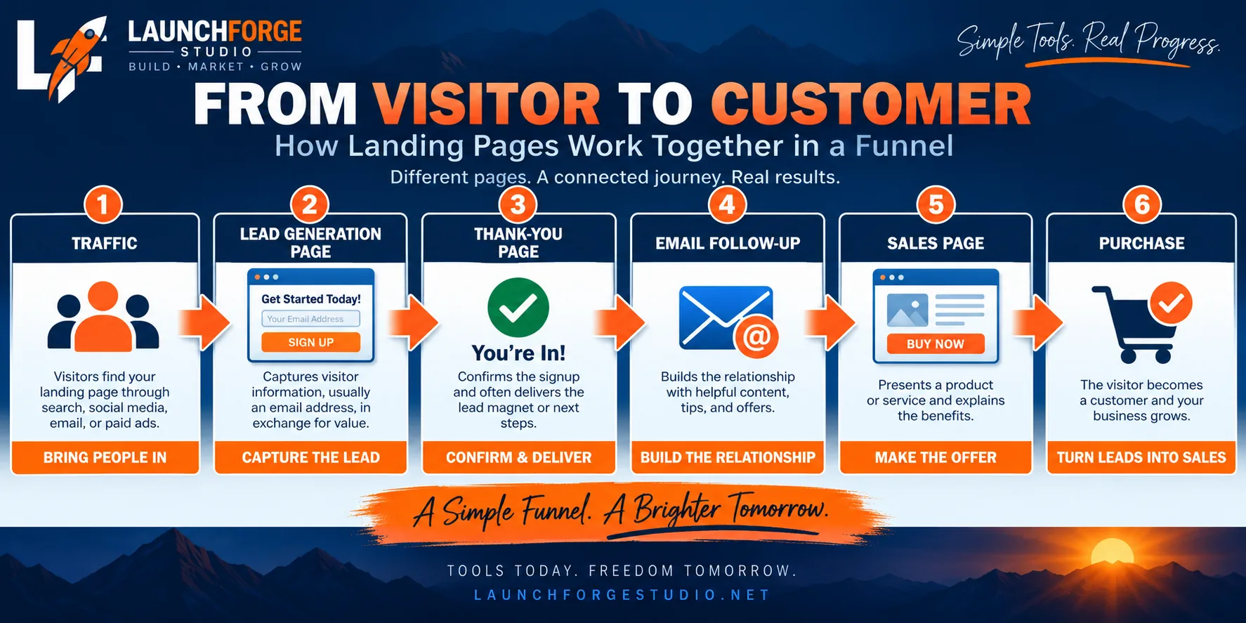 Landing page funnel showing the journey from traffic to lead generation, thank-you page, email follow-up, sales page, and purchase