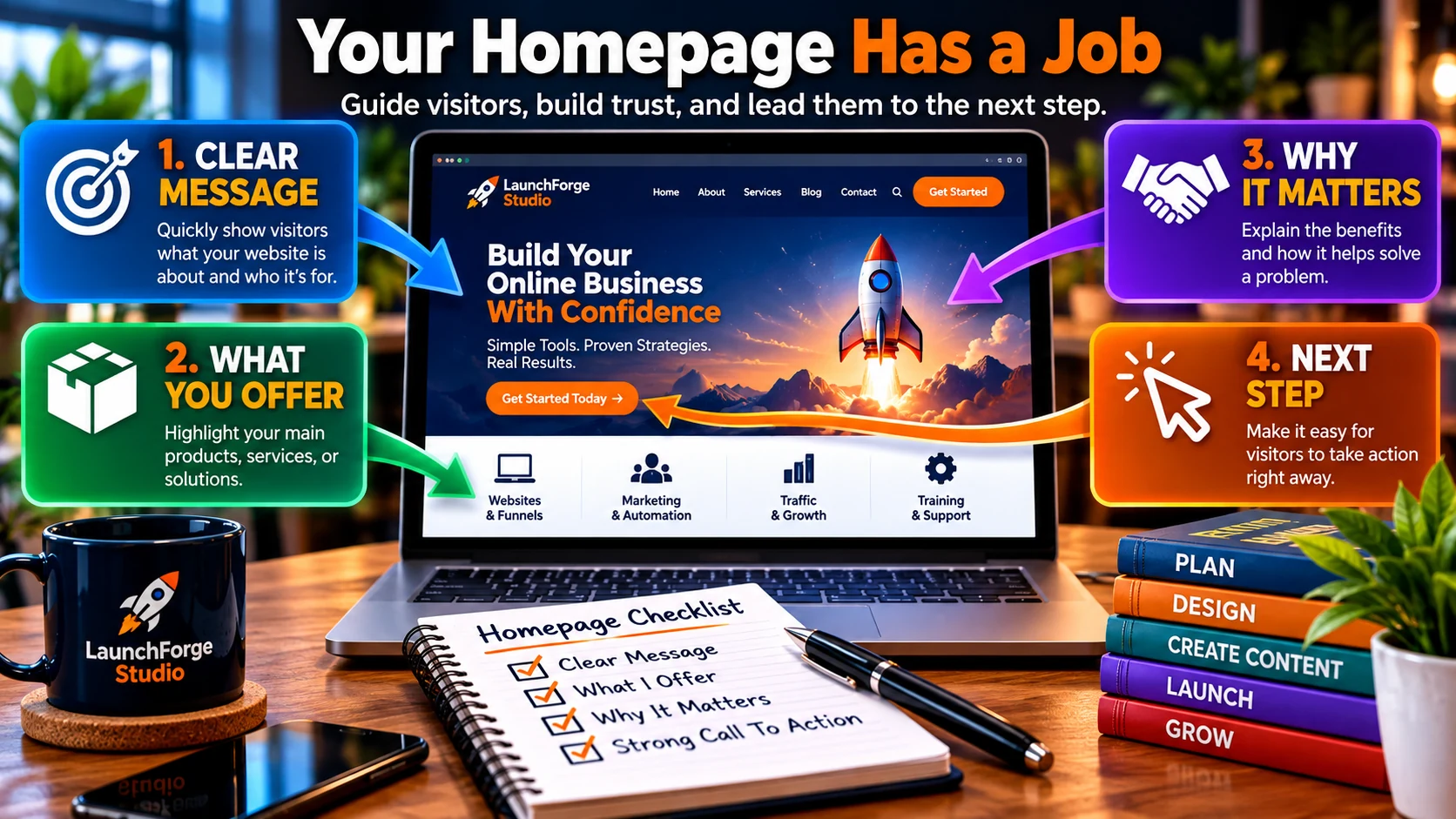 Business website homepage showing a clear message, what you offer, why it matters, and the visitor's next step