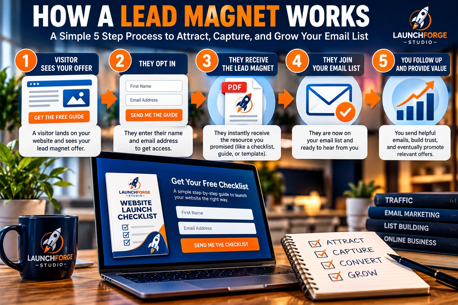 How a lead magnet works from visitor opt-in to email list follow-up