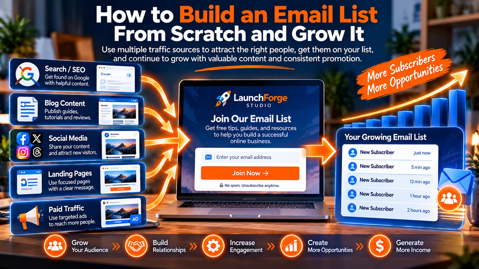 Traffic sources for how to build an email list from scratch and grow subscribers