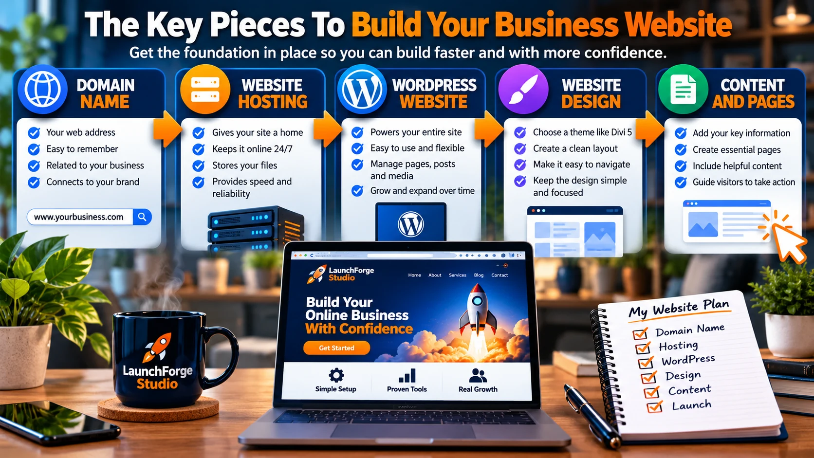 Key pieces needed to build a business website with WordPress including domain, hosting, design, and content
