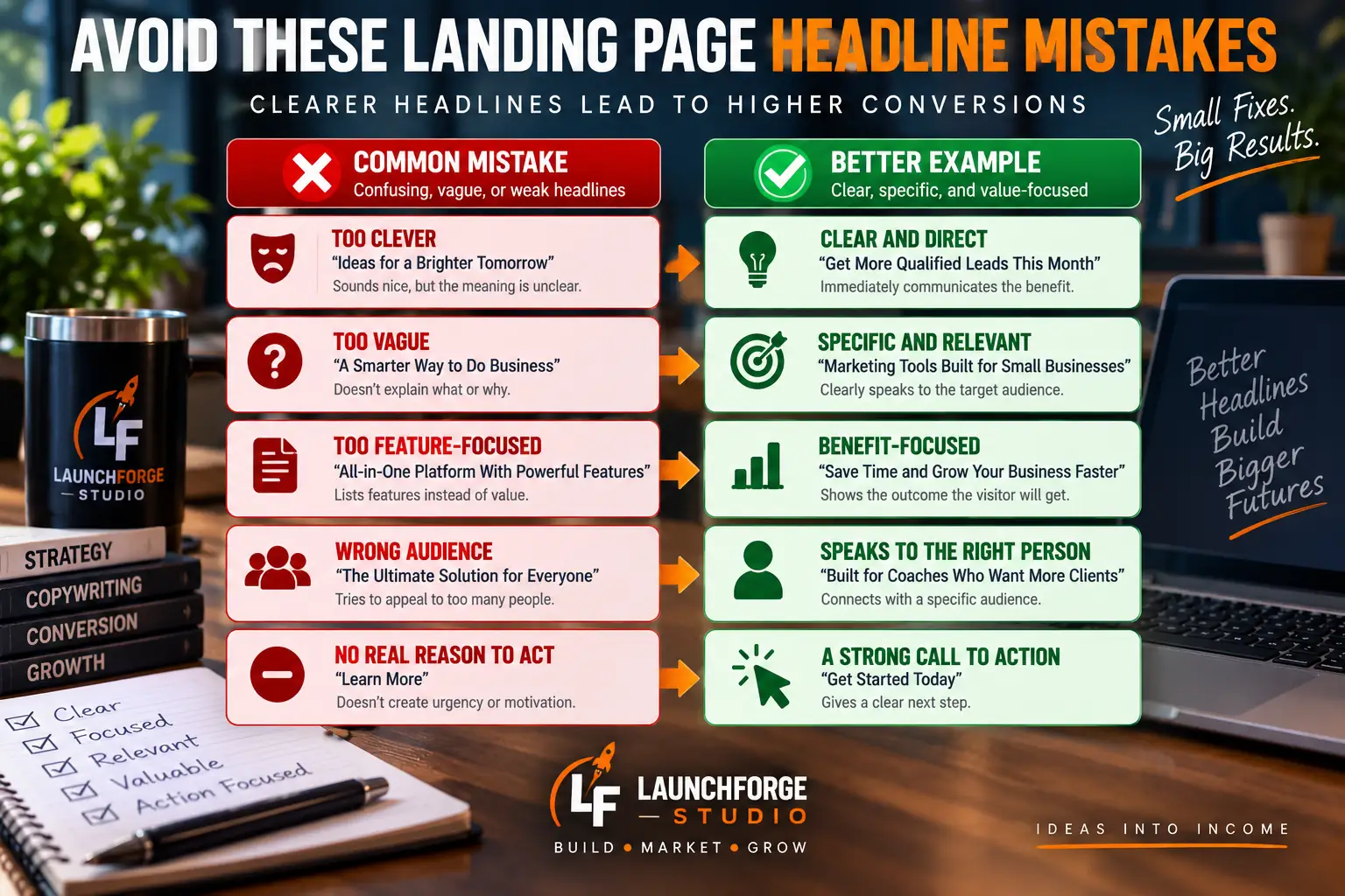 Common landing page headline mistakes compared with clearer benefit-focused headline examples