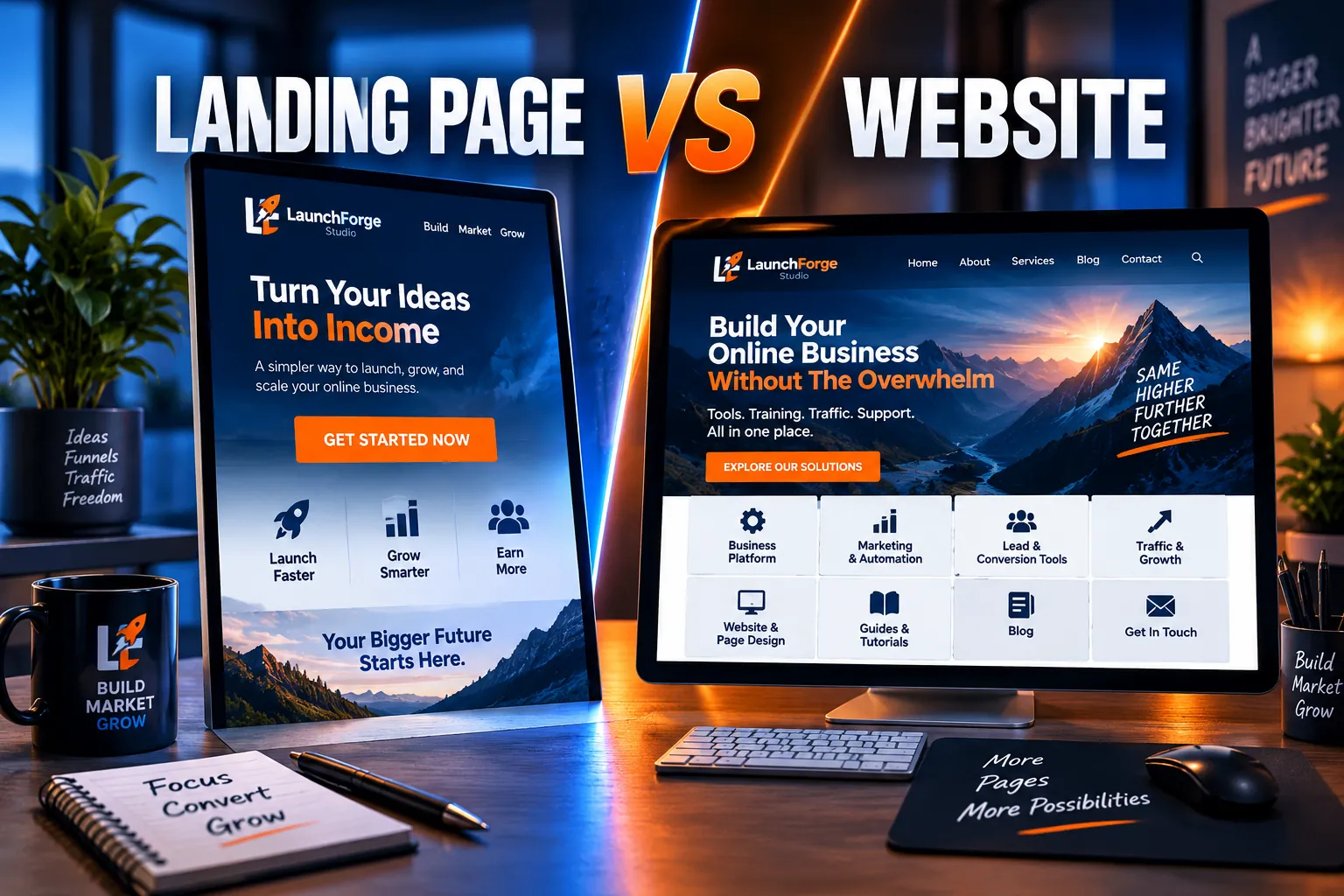 Landing page vs website comparison showing a focused landing page and a multi-page business website