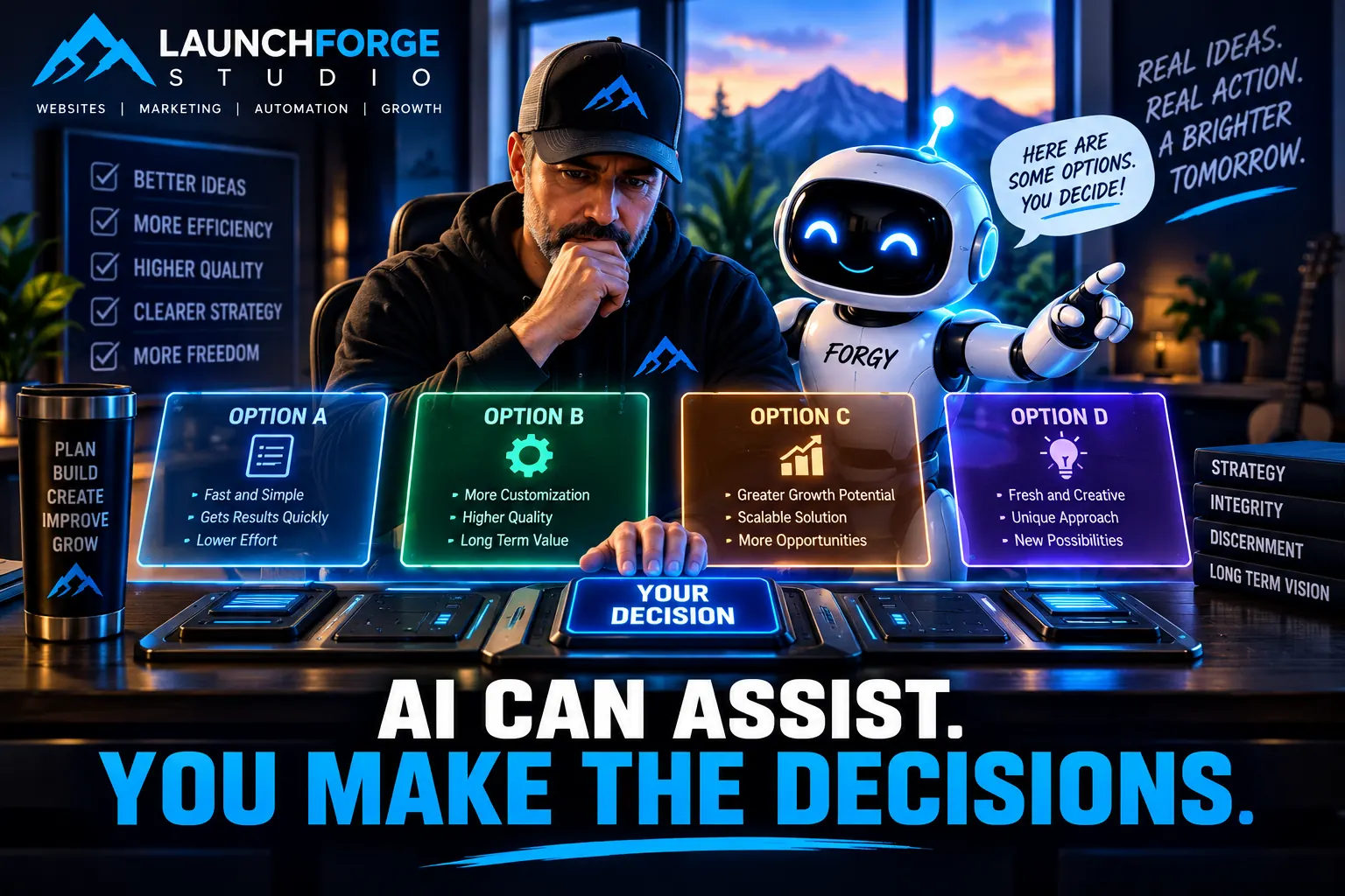 AI business assistant presenting options while the business owner makes the final decision