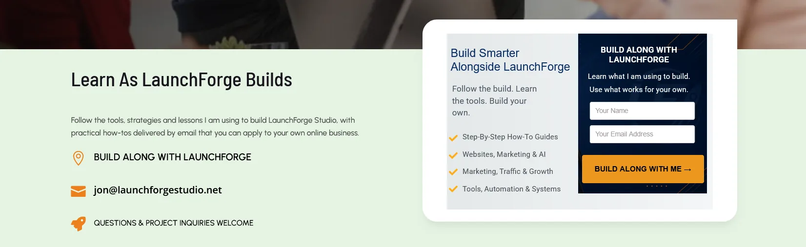 LaunchForge Studio Build Along email signup for building an online business audience
