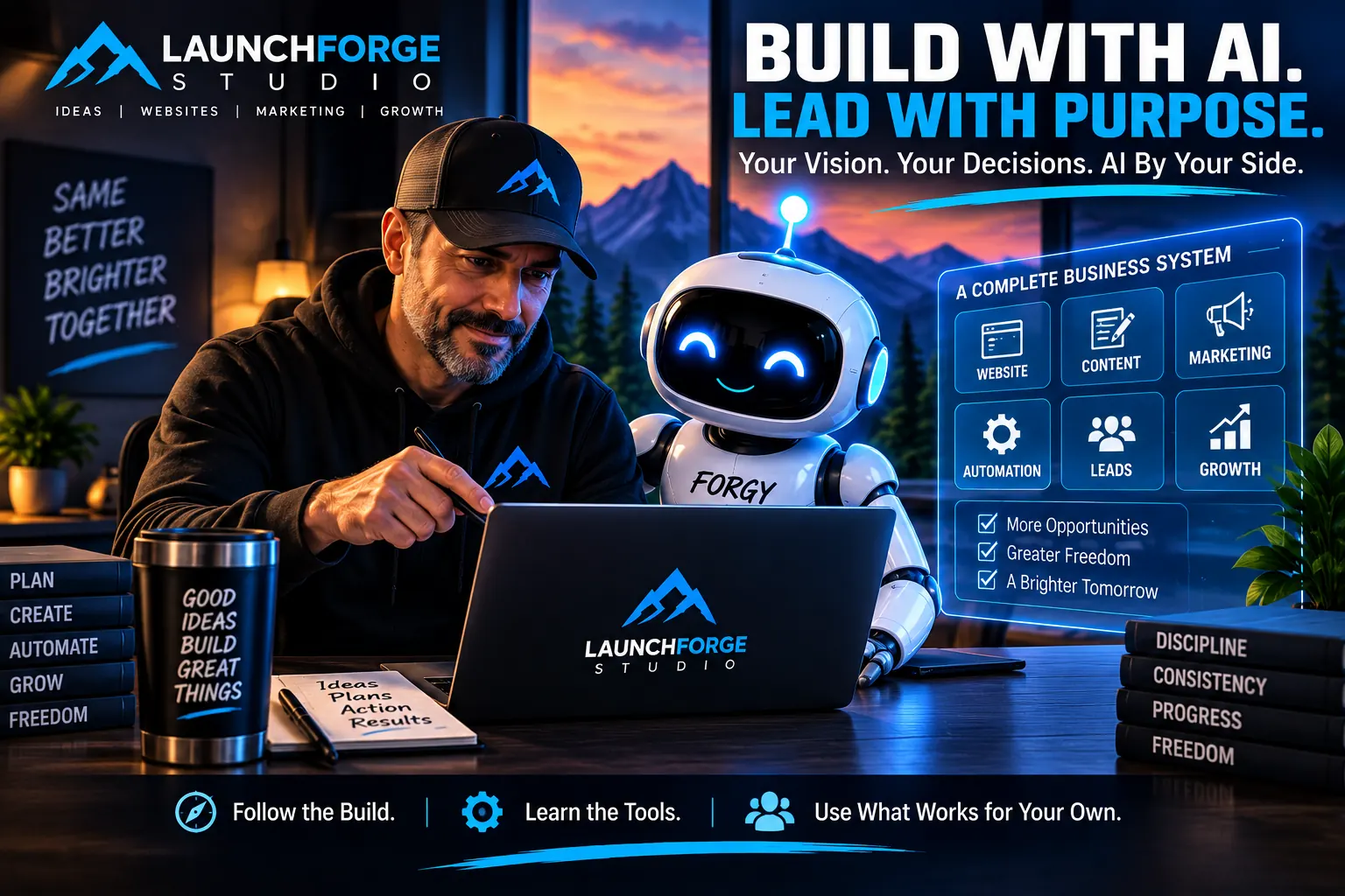 Entrepreneur building LaunchForge Studio alongside an AI business partner while remaining in control