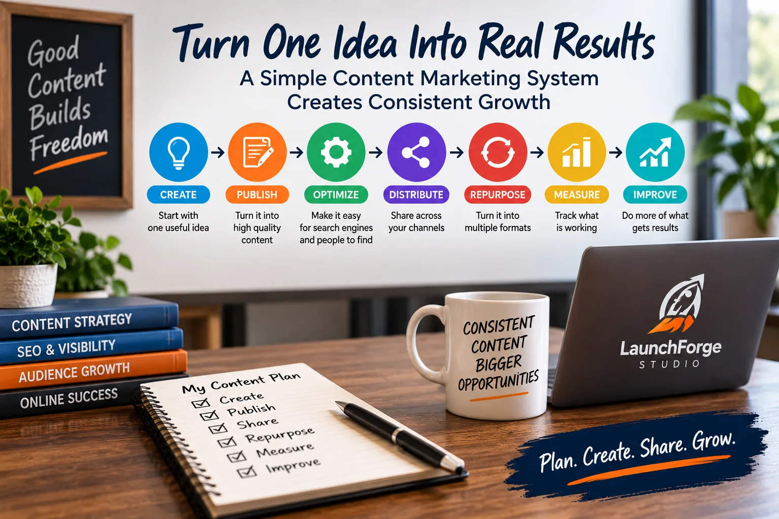 Content marketing system workflow showing create, publish, optimize, distribute, repurpose, measure, and improve