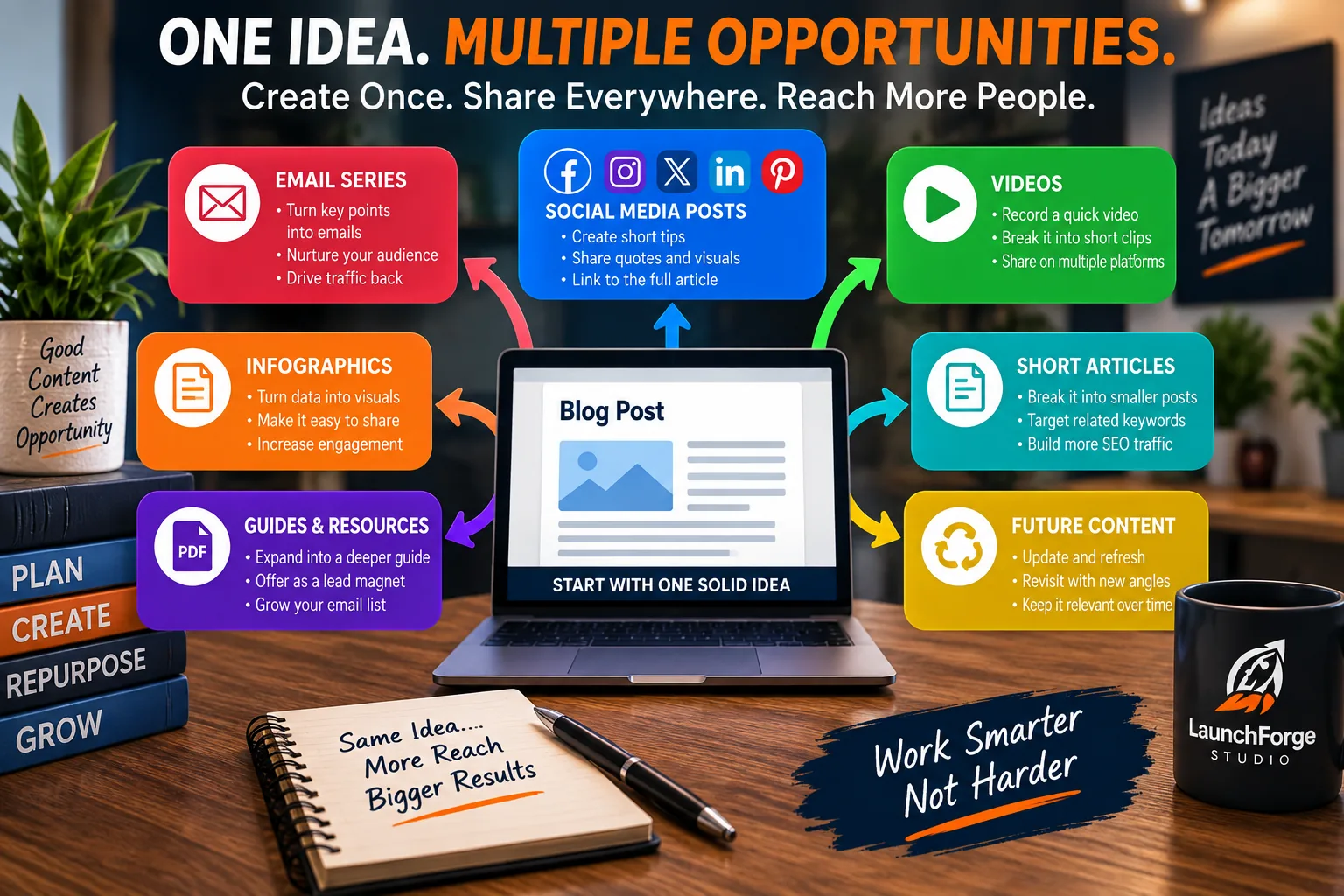 Content marketing system showing one blog post repurposed into email, social media, videos, infographics, guides, and future content