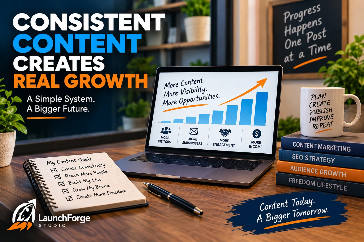 Content marketing system showing consistent content leading to increased visibility, audience growth, engagement, and business opportunities