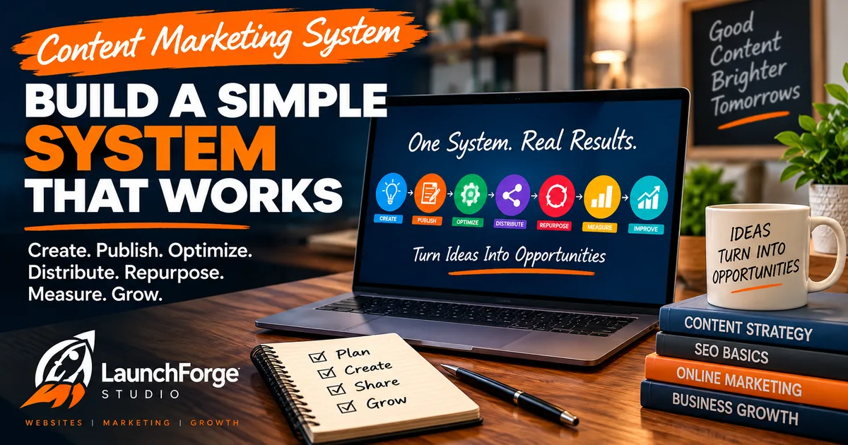Content marketing system showing a simple create, publish, optimize, distribute, repurpose, measure, and improve workflow