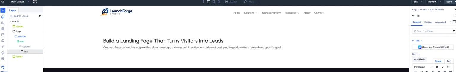 Divi 5 landing page showing a headline and supporting copy in the Visual Builder
