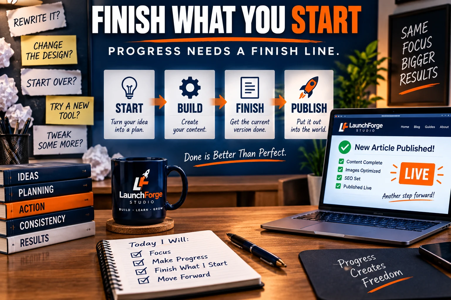 Finish what you start process showing start, build, finish, and publish stages of an online business project