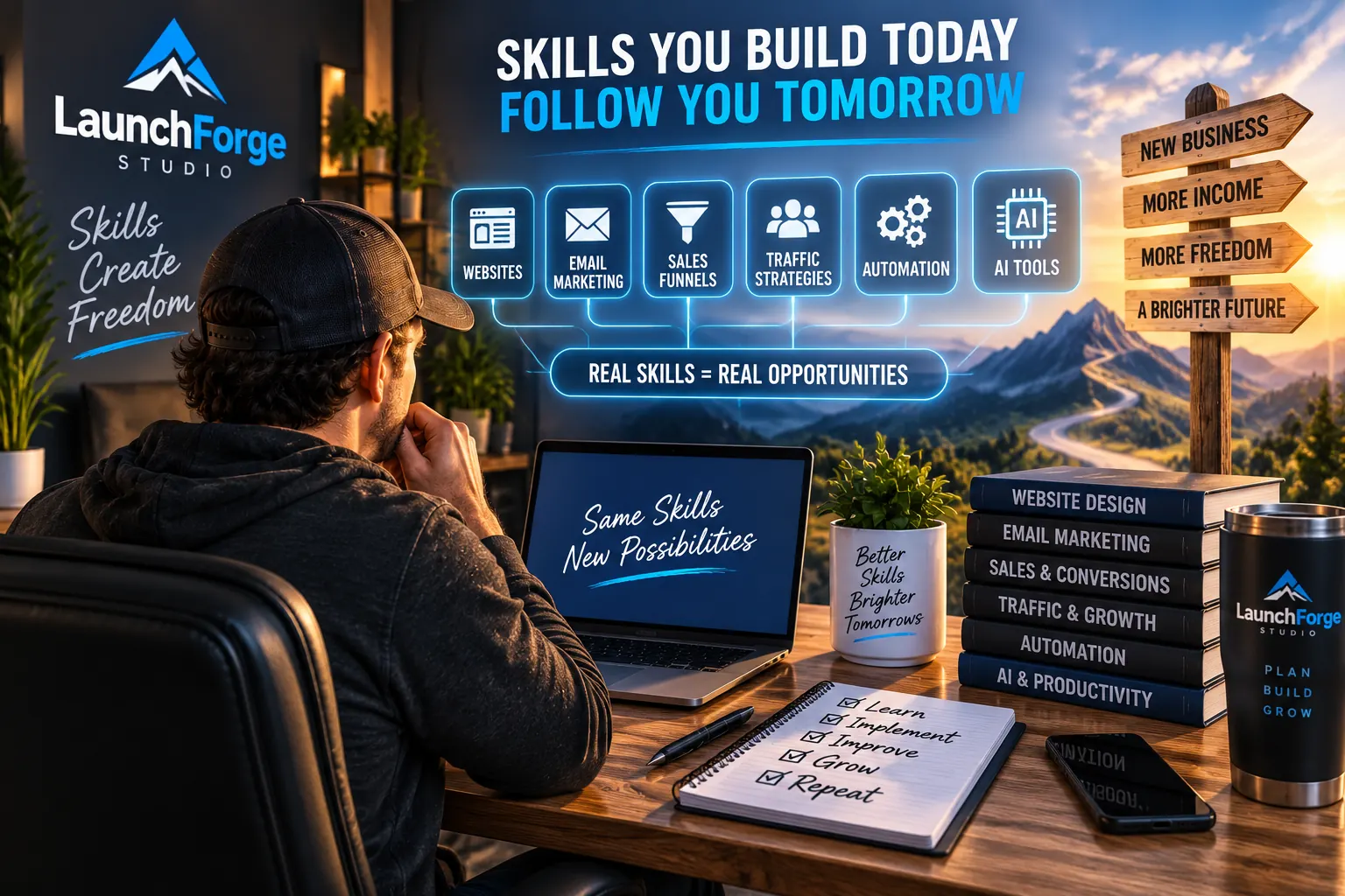 First online business skills including websites, email marketing, traffic, automation and AI