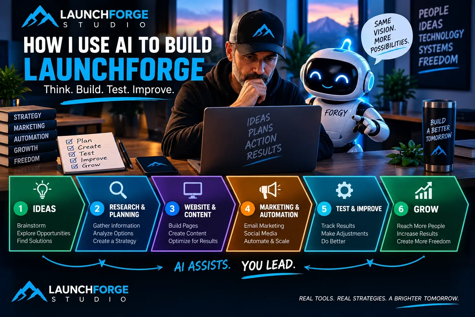 How LaunchForge Studio uses AI for ideas, research, content, marketing, automation and business growth