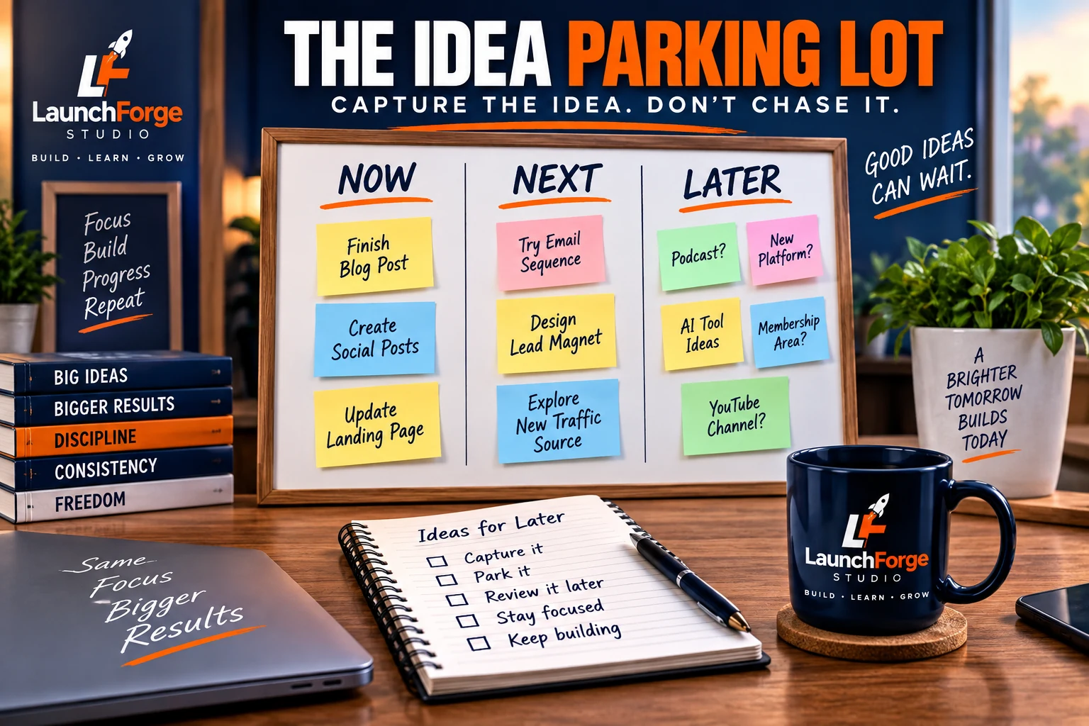 Idea parking lot with now, next, and later priorities for staying focused in business