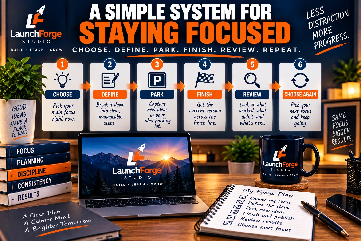 Simple six-step system for staying focused in business using choose, define, park, finish, review, and choose again