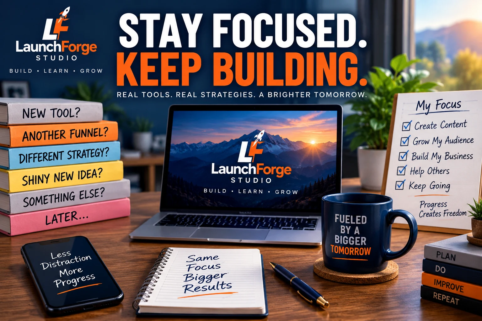 Stay focused and keep building workspace representing focus and organization while building an online business