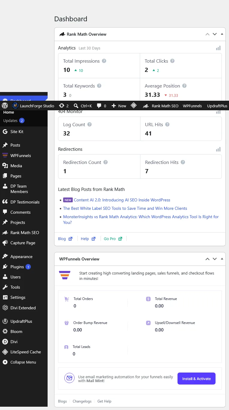 LaunchForge Studio WordPress dashboard used while building an online business