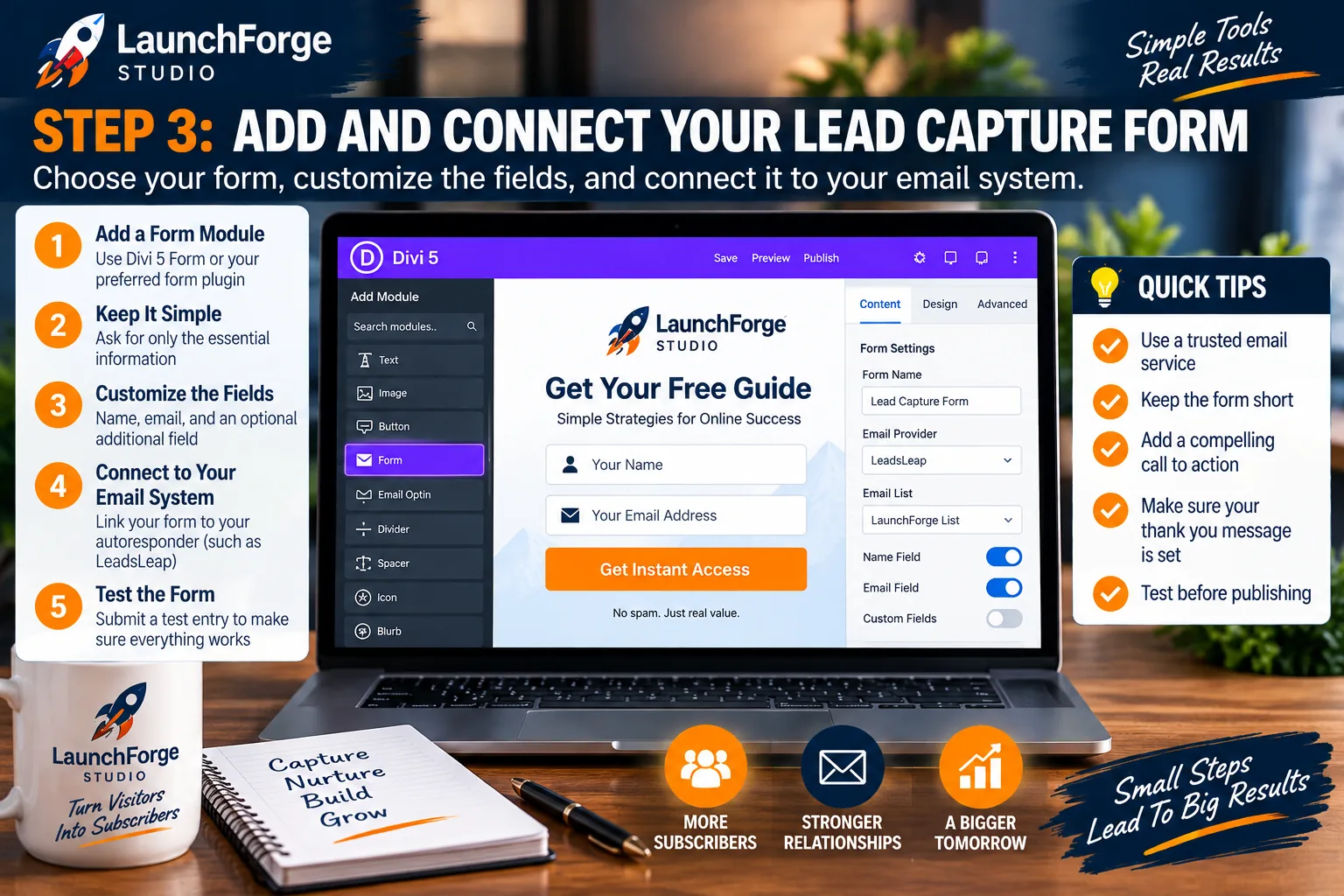 Add and connect a lead capture form to an email marketing system