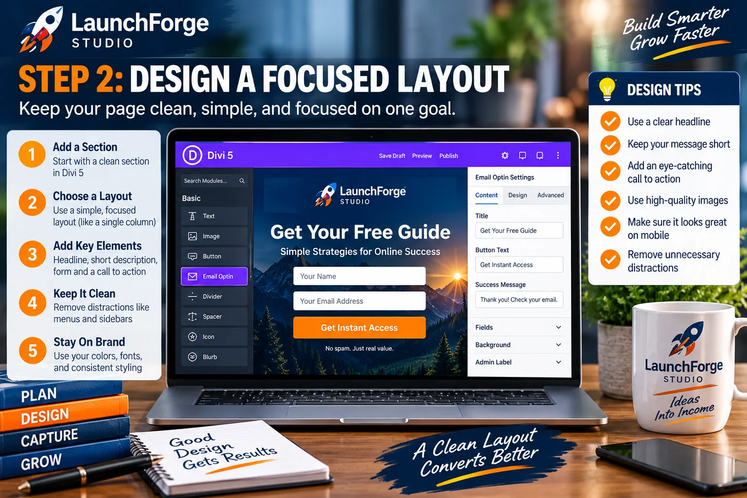 Design a focused lead capture page layout with Divi 5