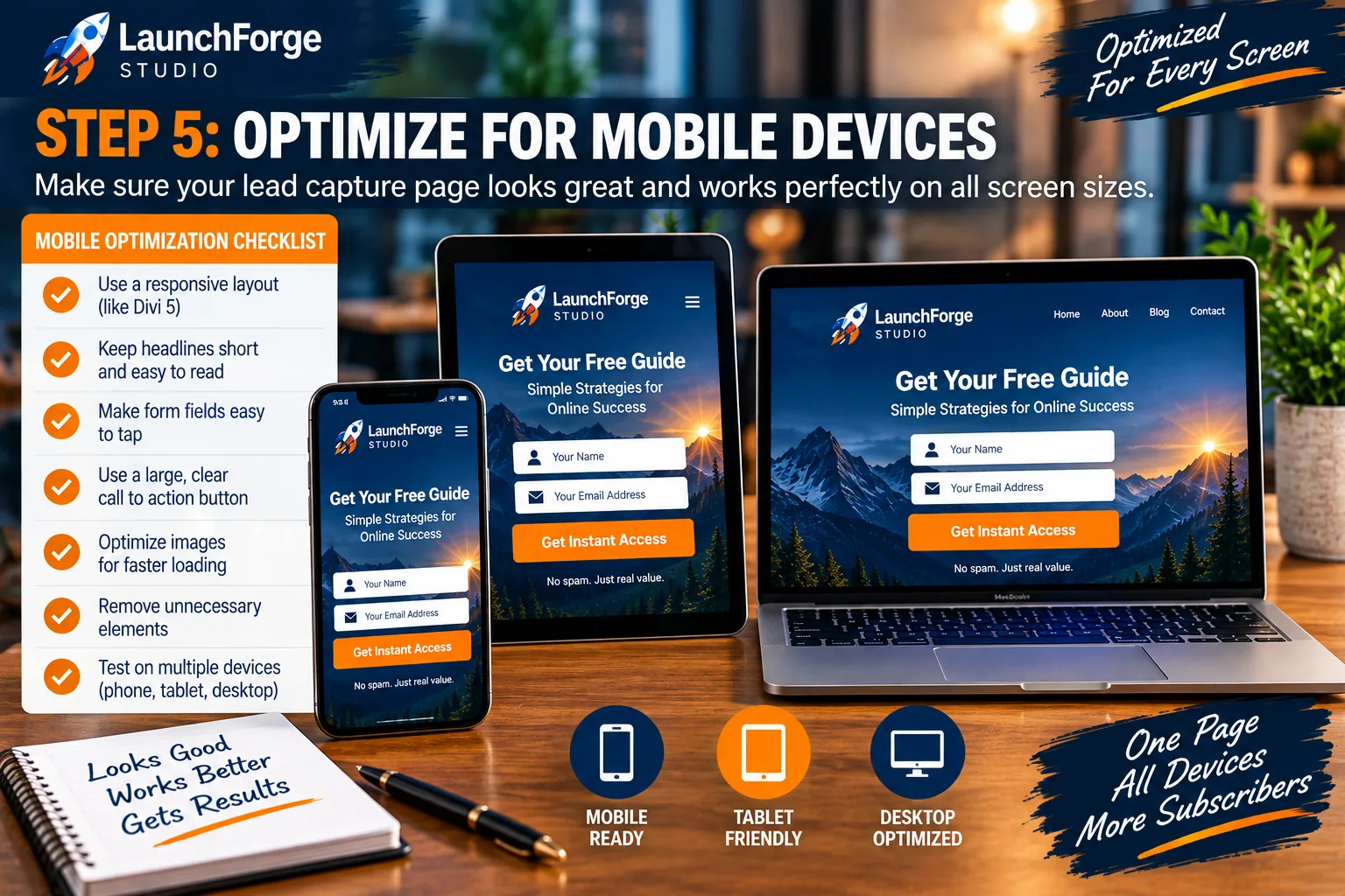 Mobile friendly lead capture page on phone tablet and desktop