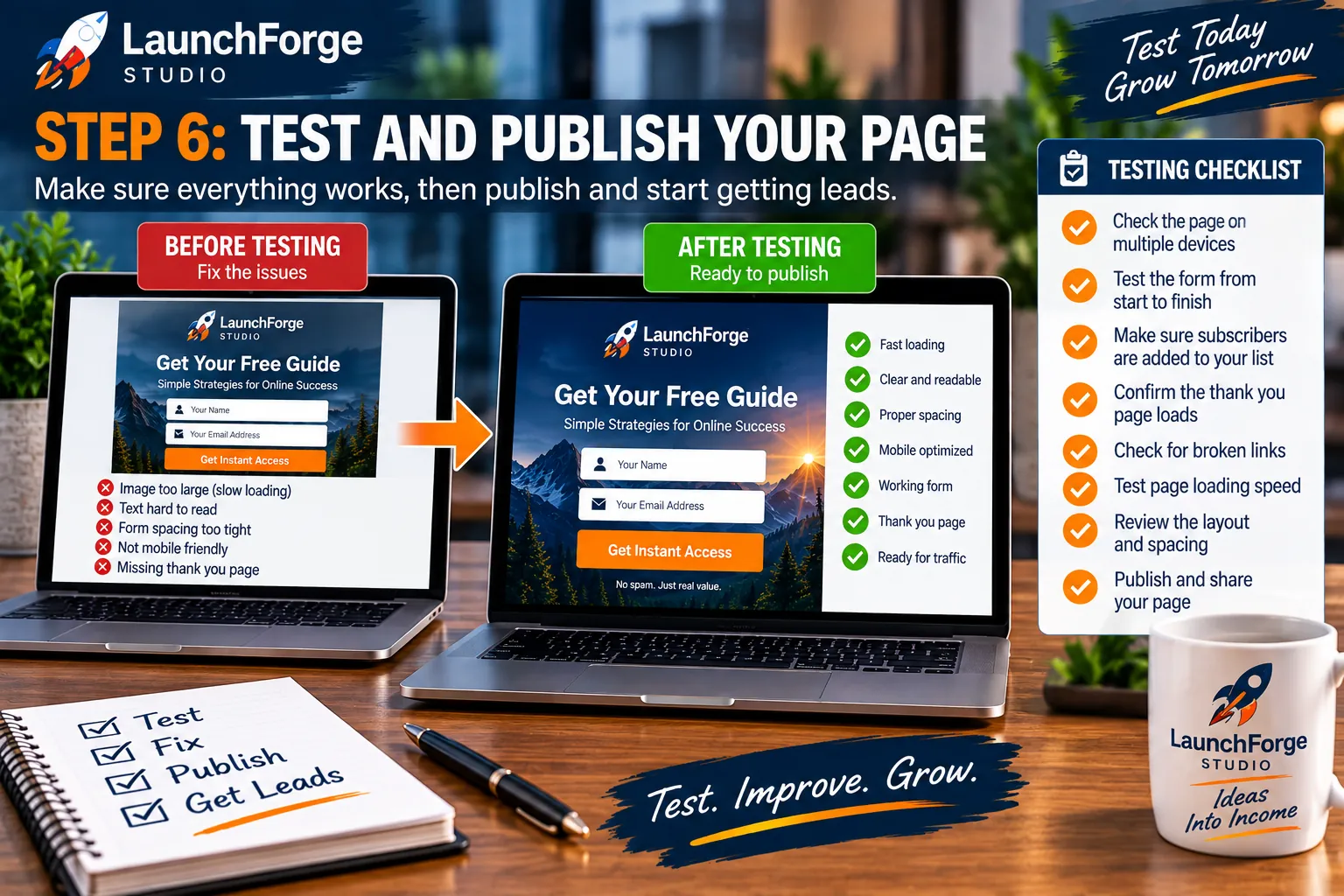 Test a lead capture page before publishing and sending traffic