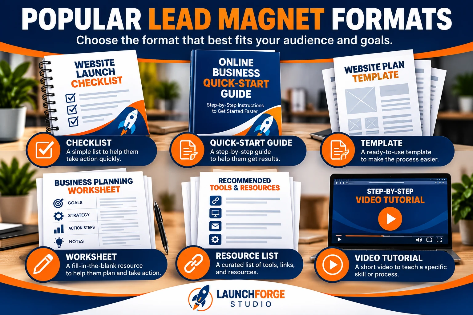 Popular lead magnet formats including checklists, quick-start guides, templates, worksheets, resource lists, and video tutorials