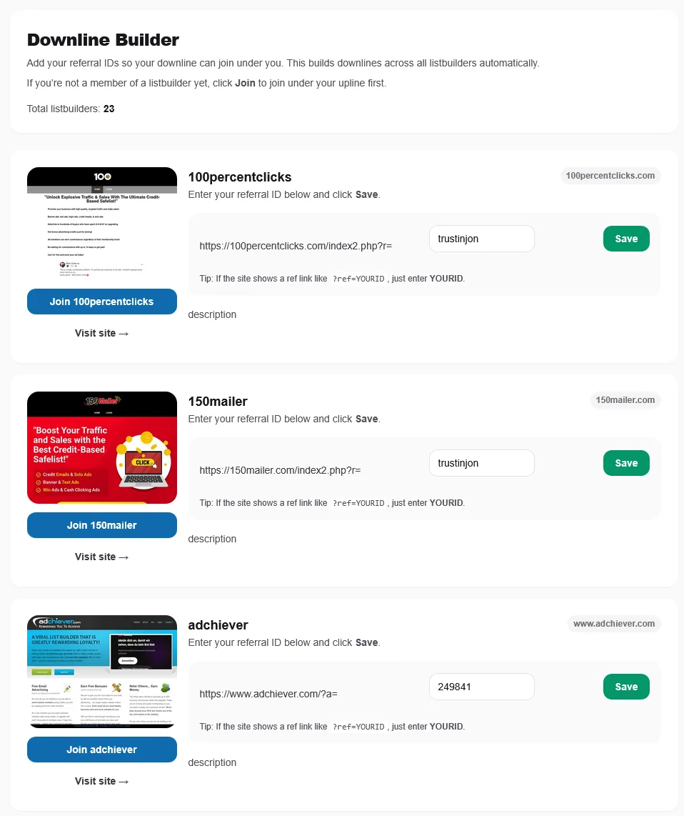 ListJoe Downline Builder showing 23 listbuilders and saved referral IDs